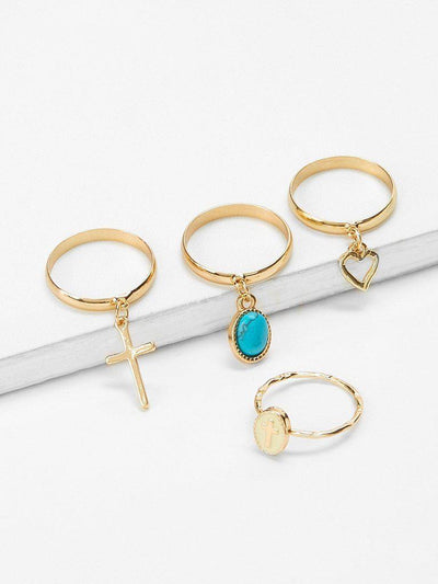 Heart & Cross Detail Rings Set 4pcs-jewelry-Des Mess