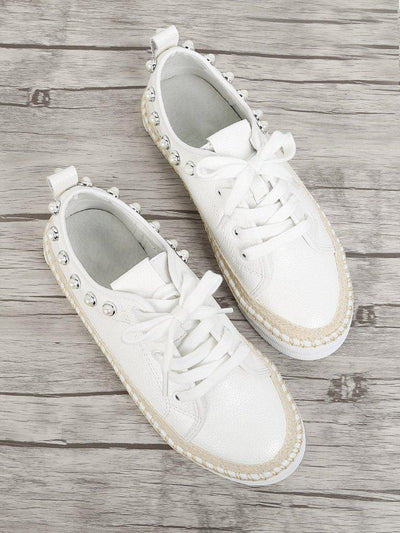 Faux Pearl Detail Lace Up Sneakers-shoes-Des Mess
