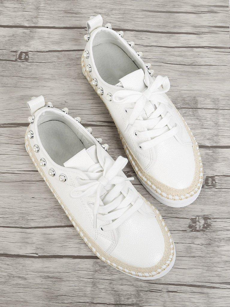 Faux Pearl Detail Lace Up Sneakers-shoes-Des Mess