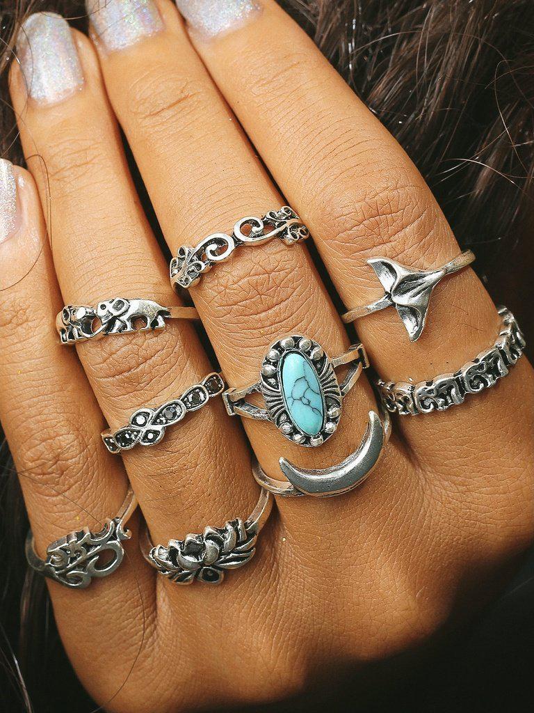 Elephant & Moon Design Ring Set-jewelry-Des Mess