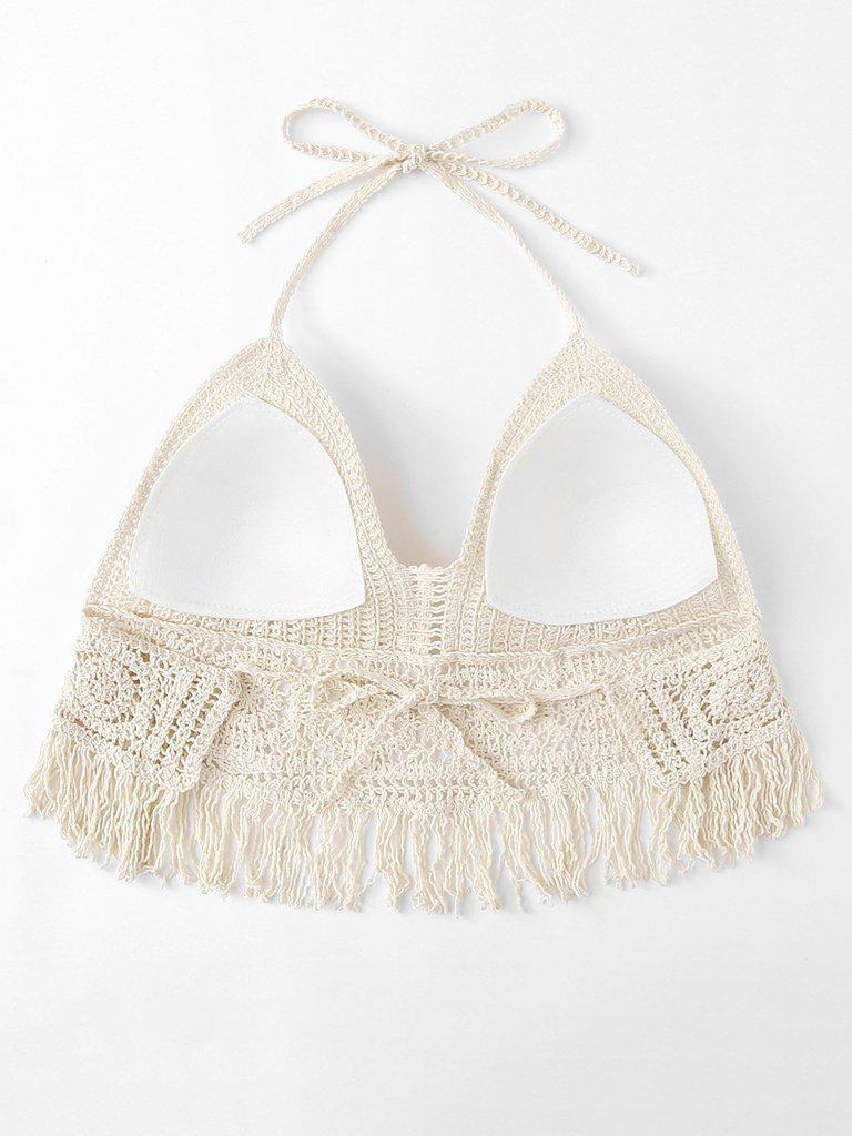 Hollow Out Fringe Hem Crocheted Halter Top--Des Mess