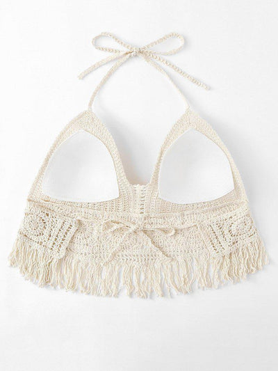 Hollow Out Fringe Hem Crocheted Halter Top--Des Mess