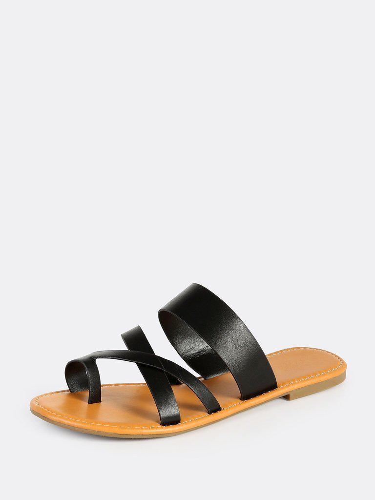 Faux Leather Toe Ring Sandals BLACK-shoes-Des Mess