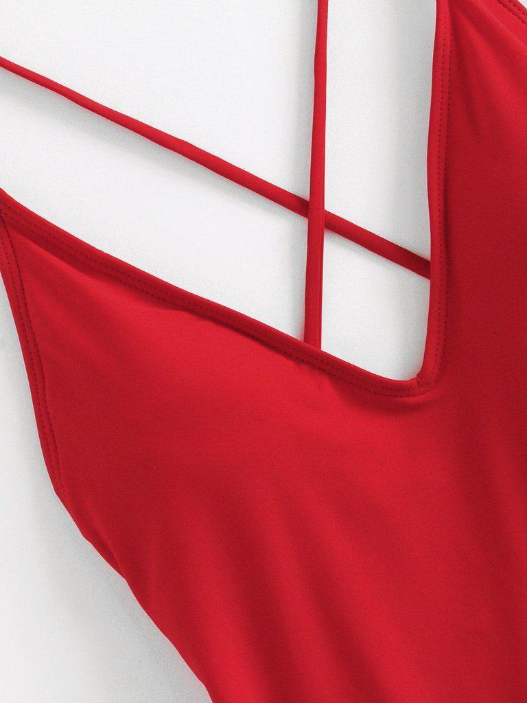 Criss Cross Back Ruched Detail Plunge Swimsuit-swimwear-Des Mess
