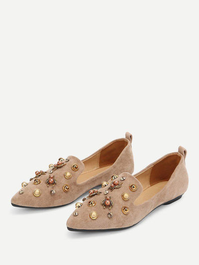 Faux Pearl Decorated Pointed Toe Flats-shoes-Des Mess