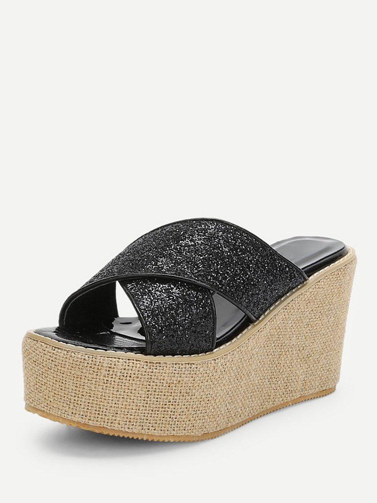 Glitter Criss Cross Design Wedge Sandals-shoes-Des Mess