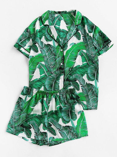 Palm Leaf Print Revere Collar Pajama Set-loungewear-Des Mess