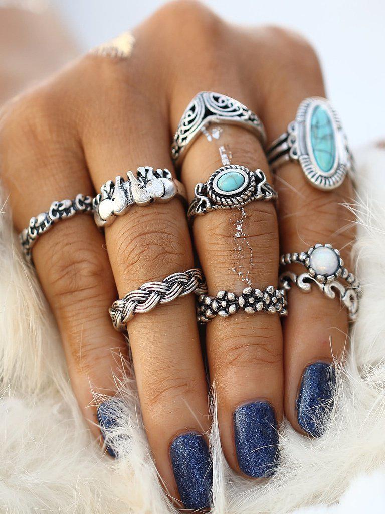 Turquoise Decorated Multi Shaped Ring Set 9pcs-jewelry-Des Mess