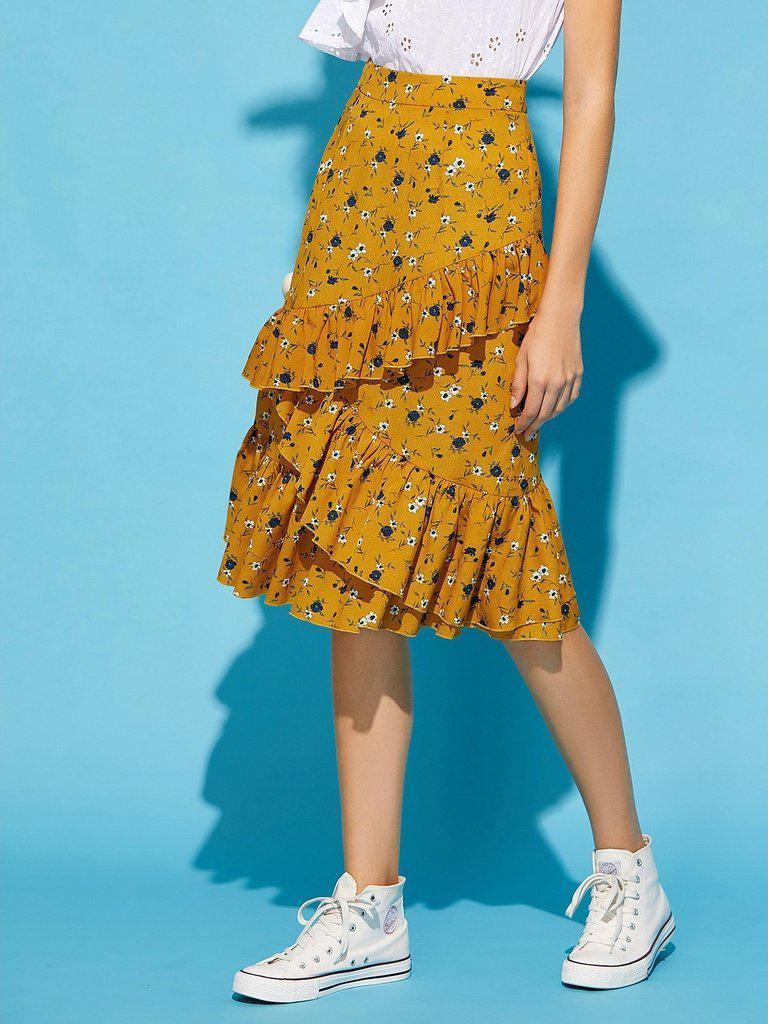 Asymmetric Ruffle Trim Ditsy Skirt-bottom-Des Mess