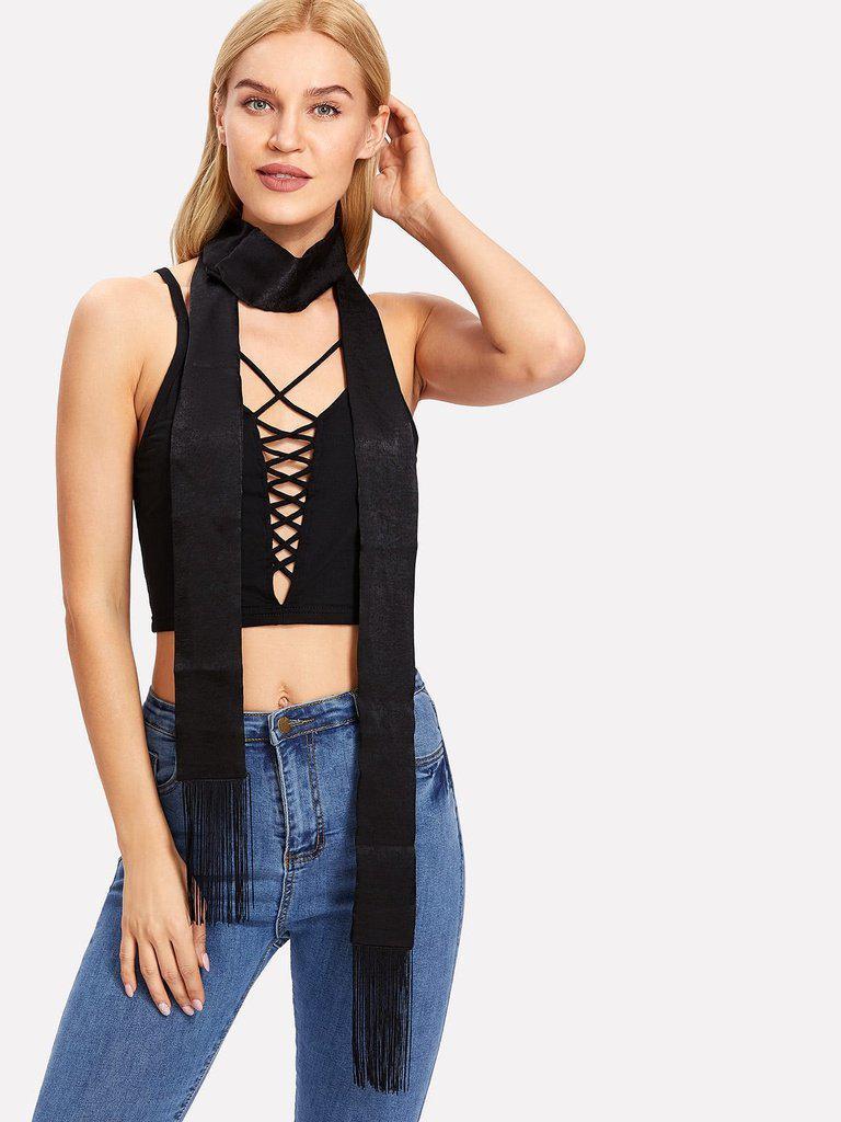 Fringe Trim Skinny Scarf-accessories-Des Mess