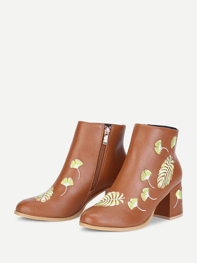 PU Leaf Embroidery Ankle Boots-shoes-Des Mess