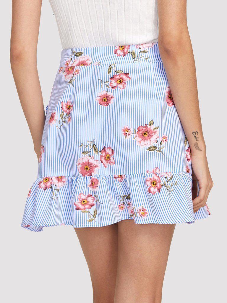 Stripe And Flower Print Overlap Ruffle Skirt-bottom-Des Mess