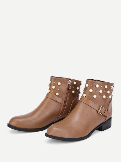 Faux Pearl Detail PU Ankle Boots-shoes-Des Mess