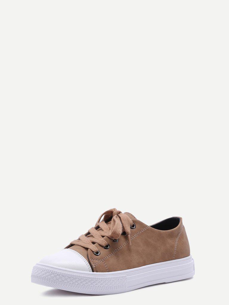 Khaki Lace Up PU Low Top Sneakers-shoes-Des Mess