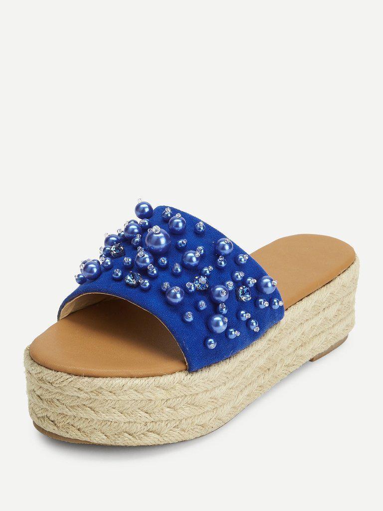 Faux Pearl Espadrille Platform Wedges-shoes-Des Mess