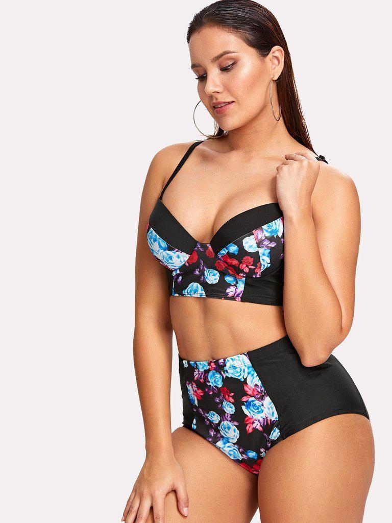 Flower Print High Waist Bikini Set-swimwear-Des Mess