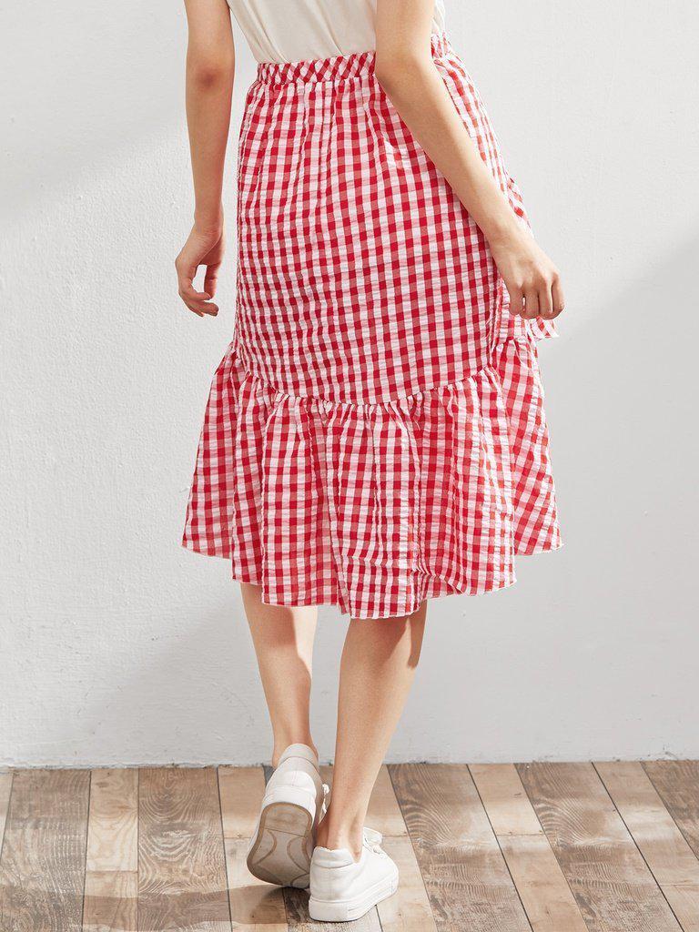 Elastic Waist Gingham Asymmetric Frill Skirt-bottom-Des Mess