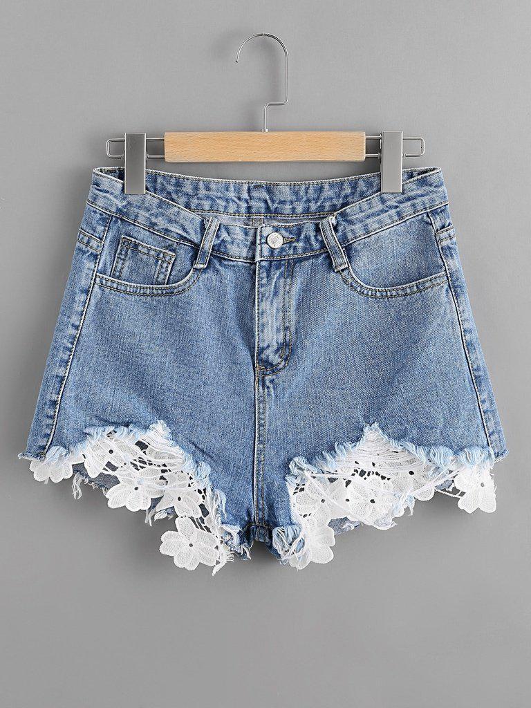 Contrast Crochet Frayed Hem Denim Shorts-bottom-Des Mess