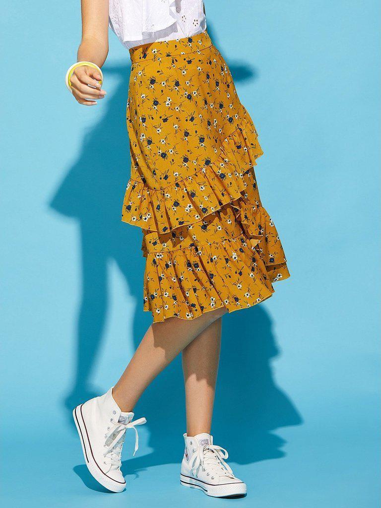 Asymmetric Ruffle Trim Ditsy Skirt-bottom-Des Mess