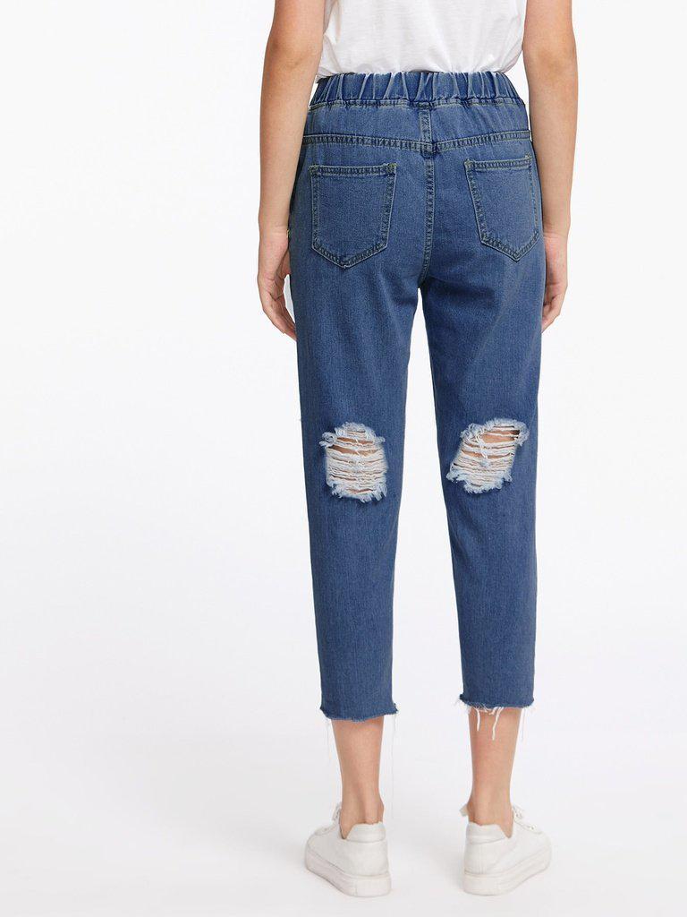 Extreme Destroyed Raw Hem Drawstring Waist Crop Jeans-bottom-Des Mess