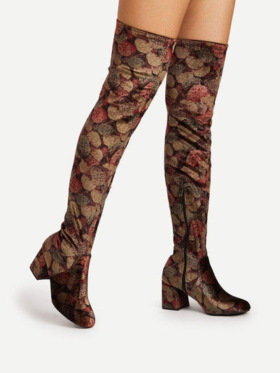 Mix Pattern Over Knee Block Heeled Boots-shoes-Des Mess