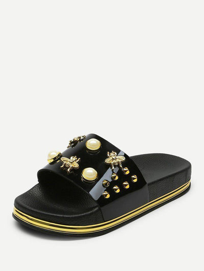 Faux Pearl Decorated Slippers-shoes-Des Mess