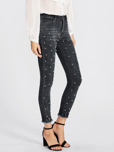 Raw Hem Faux Pearl Detail Jeans-bottom-Des Mess