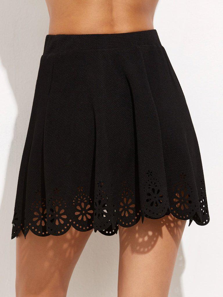 Laser Cutout Scallop Hem Textured Skirt-bottom-Des Mess