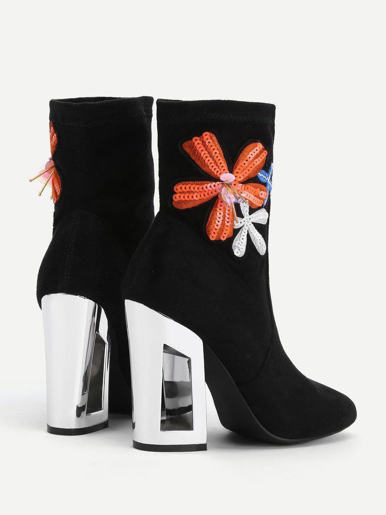 Flower Embroidery Clear Heeled Boots-shoes-Des Mess