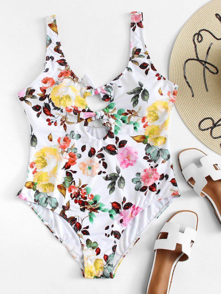 Flower Print Knot Swimsuit-swimwear-Des Mess
