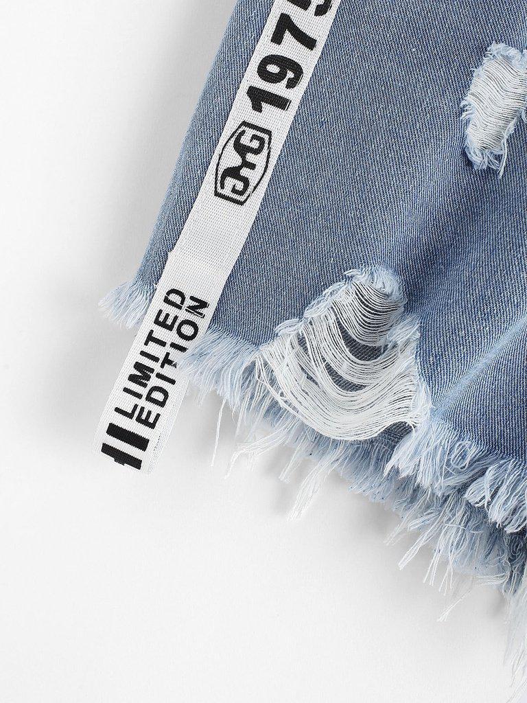 Letter Print Raw Hem Denim Shorts-bottom-Des Mess