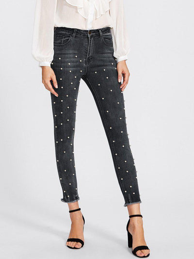 Raw Hem Faux Pearl Detail Jeans-bottom-Des Mess