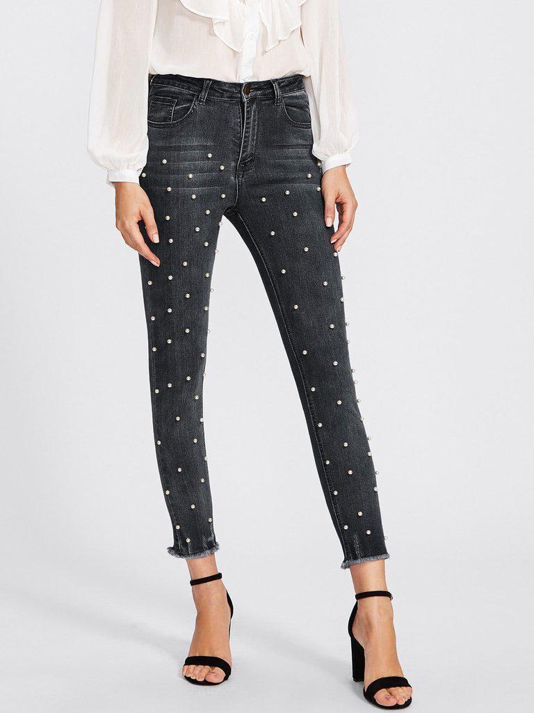 Raw Hem Faux Pearl Detail Jeans-bottom-Des Mess