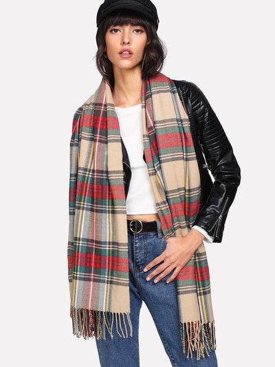 Fringe Trim Plaid Scarf-accessories-Des Mess