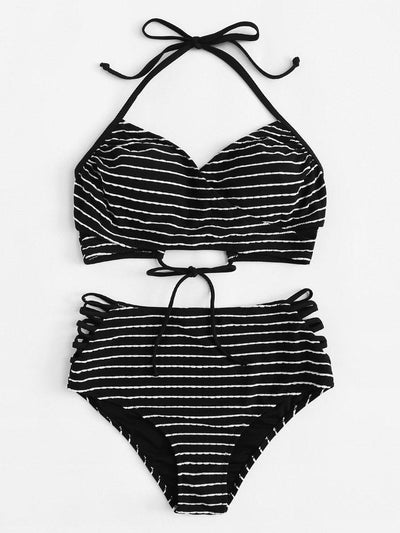 Cross Wrap Striped Halter Bikini Set--Des Mess