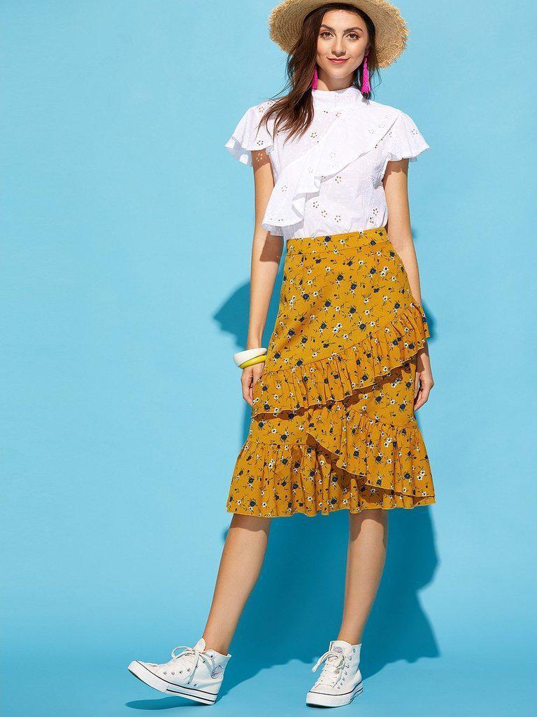 Asymmetric Ruffle Trim Ditsy Skirt-bottom-Des Mess