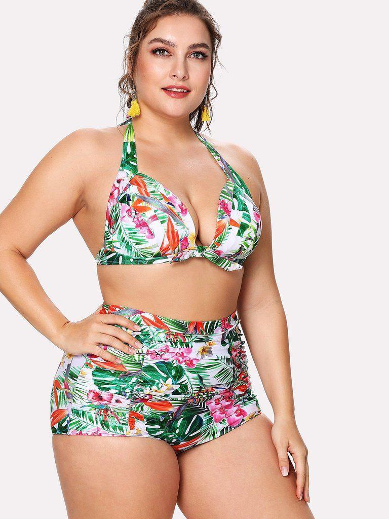 Tropical Print Knot Bikini Set-swimwear-Des Mess