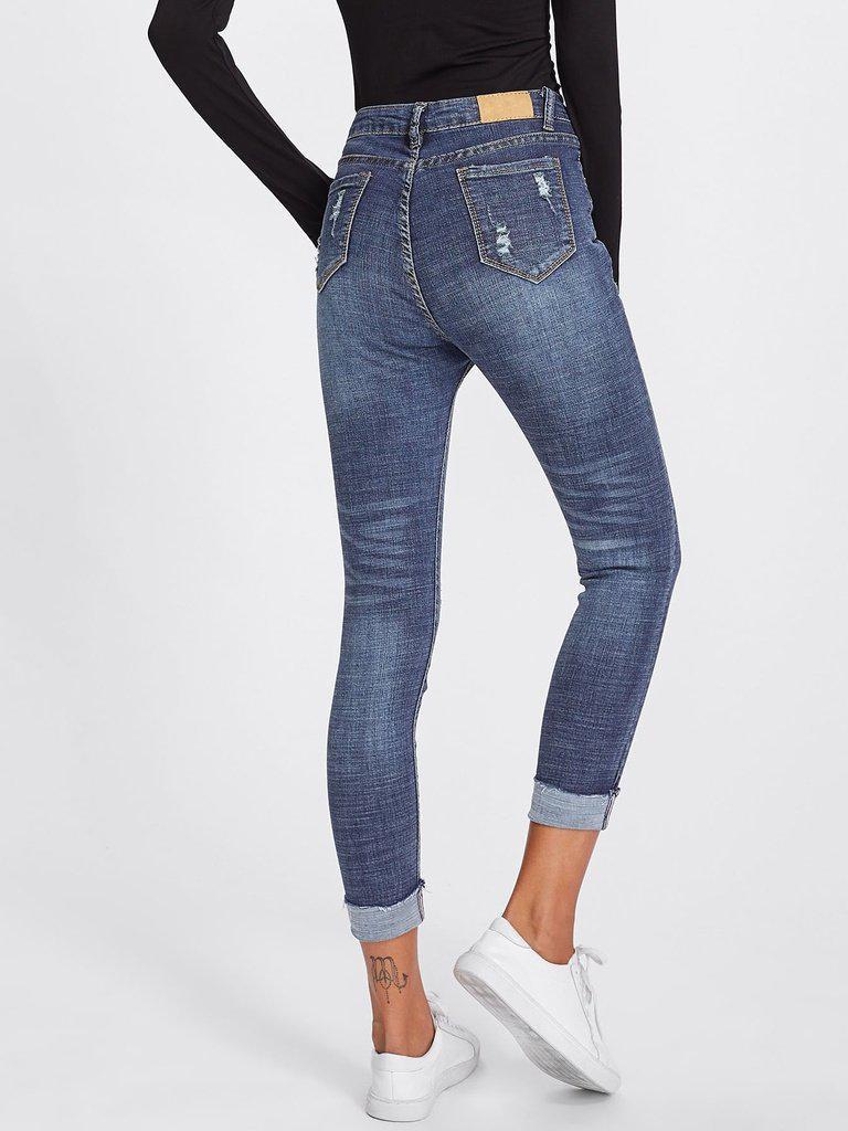 Roll Up Hem Ripped Jeans-bottom-Des Mess