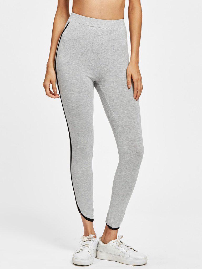 Contrast Binding Curved Hem Heather Knit Leggings-bottom-Des Mess