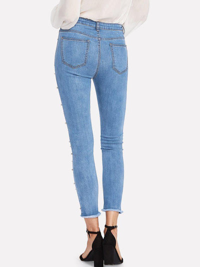 Pearl Beaded Frayed Hem Jeans-bottom-Des Mess