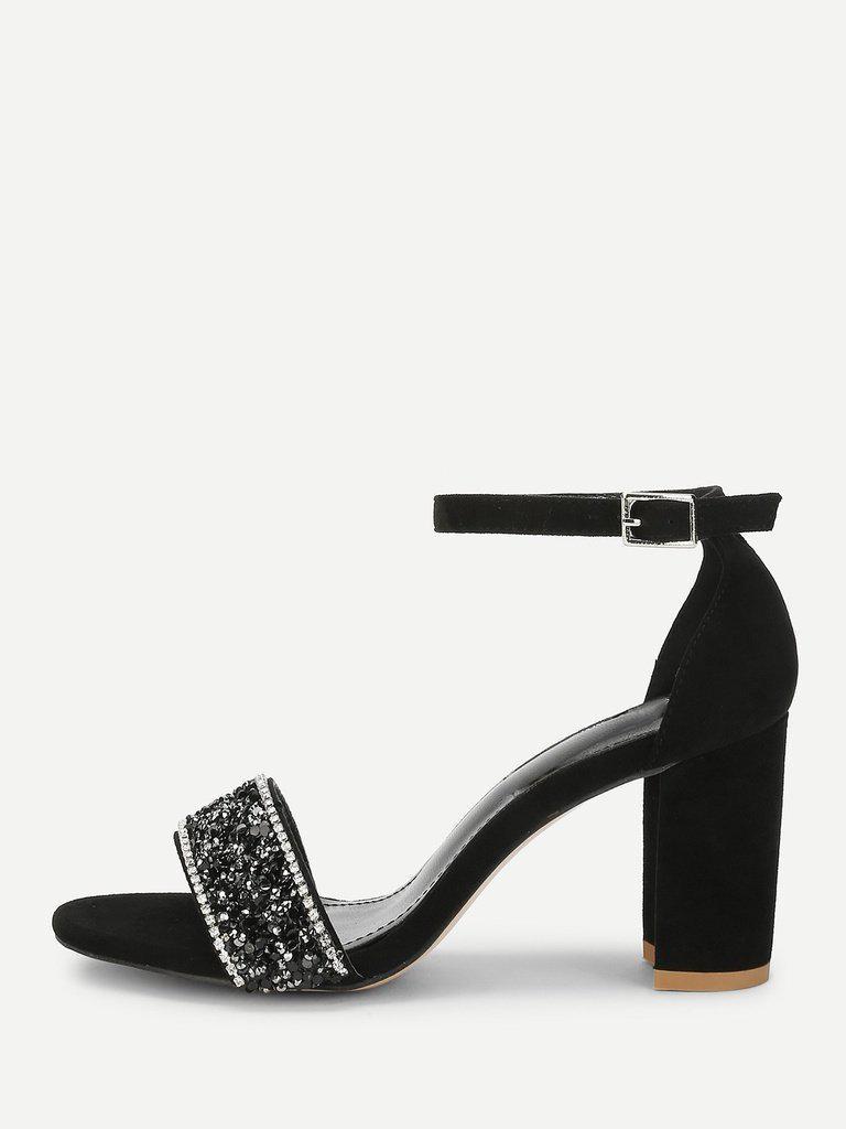 Rhinestone Decorated Block Heeled Sandals-shoes-Des Mess