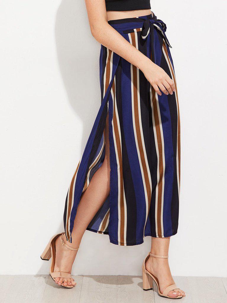 Vertical Striped Split Side Wide Leg Pants-bottom-Des Mess