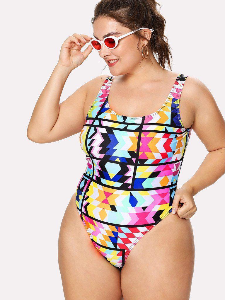 Geometric Pattern Colorblock Swimsuit-swimwear-Des Mess