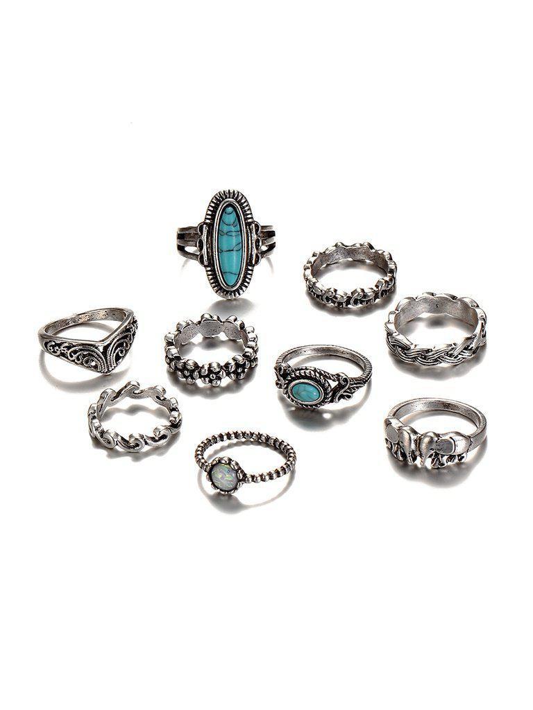 Turquoise Decorated Multi Shaped Ring Set 9pcs-jewelry-Des Mess