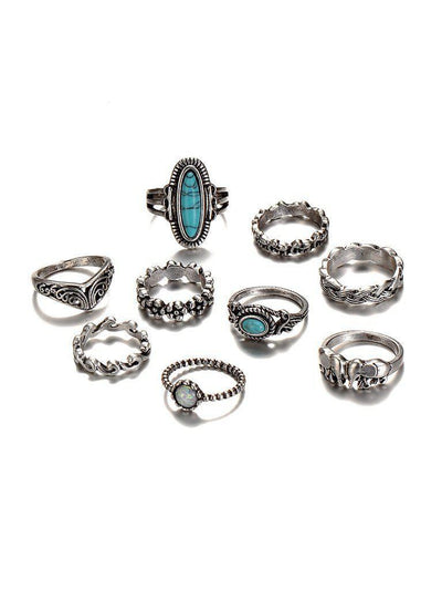 Turquoise Decorated Multi Shaped Ring Set 9pcs-jewelry-Des Mess