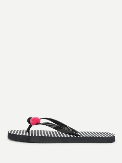 Pom Pom Detail Striped Flip Flops-shoes-Des Mess