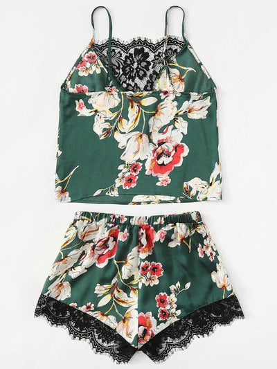 Floral Print Lace Insert Cami Top And Shorts PJ Set-loungewear-Des Mess