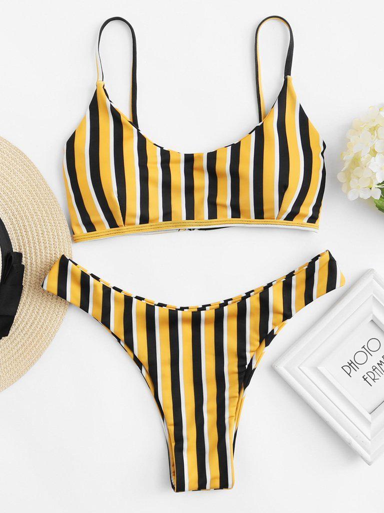 High Leg Striped Bikini Set-swimwear-Des Mess