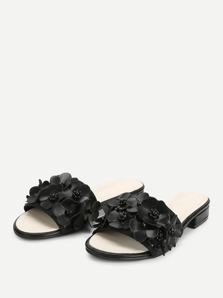 Flower Decorated PU Flat Sliders-shoes-Des Mess