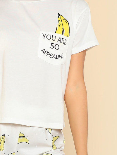 Banana Print Pocket Front Top With Shorts Pajama Set-loungewear-Des Mess